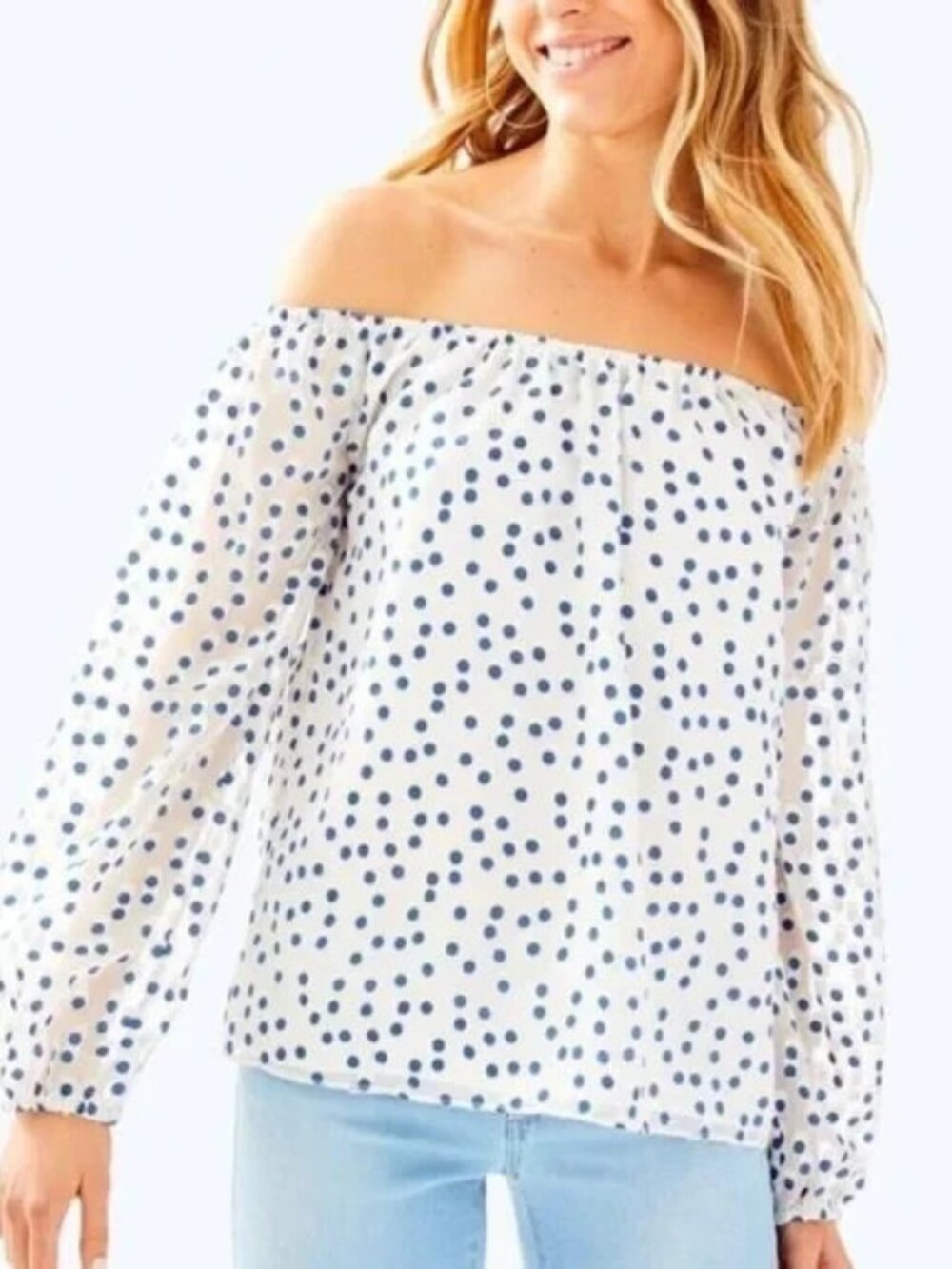 Lilly Pulitzer XXS NWT Lou Lou Off The Shoulder Top Bennet Blue Dot